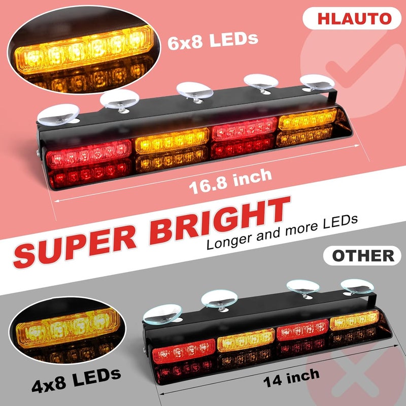 HLauto 6Z4J Emergency Dash Strobe Lights: 2x16.8 inch Red Amber Safety Lights, 48 LED Flashing Warning Hazard Interior Windshield Visor Traffic Light Bar for Trucks, Construction Vehicles - Image 2